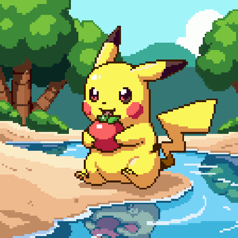 Pikachu enjoying an apple